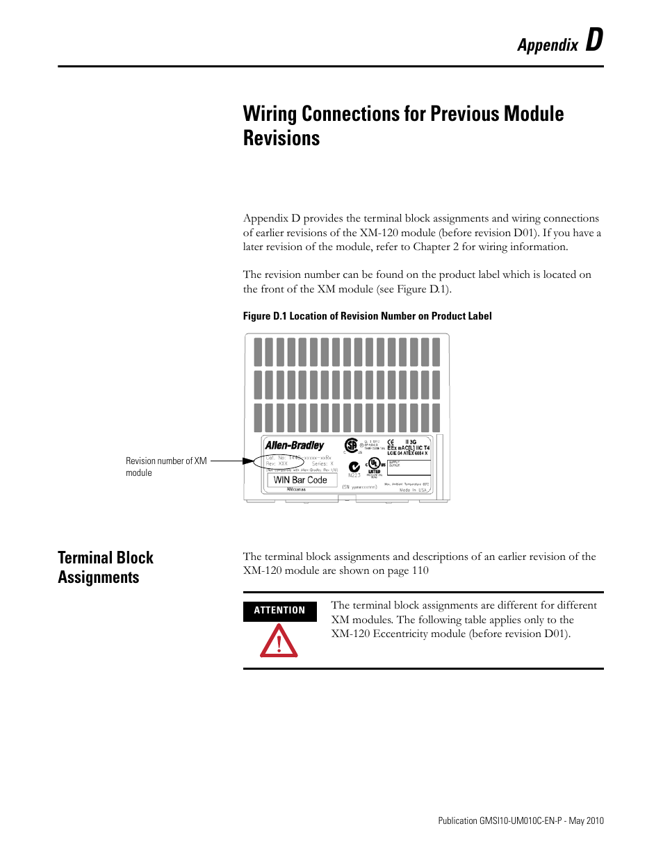 Wiring connections for previous module revisions, Terminal block assignments, Appendix d | Appendix | Rockwell Automation 1440-VST02-01RA XM-120 Eccentricity Module User Manual | Page 117 / 131