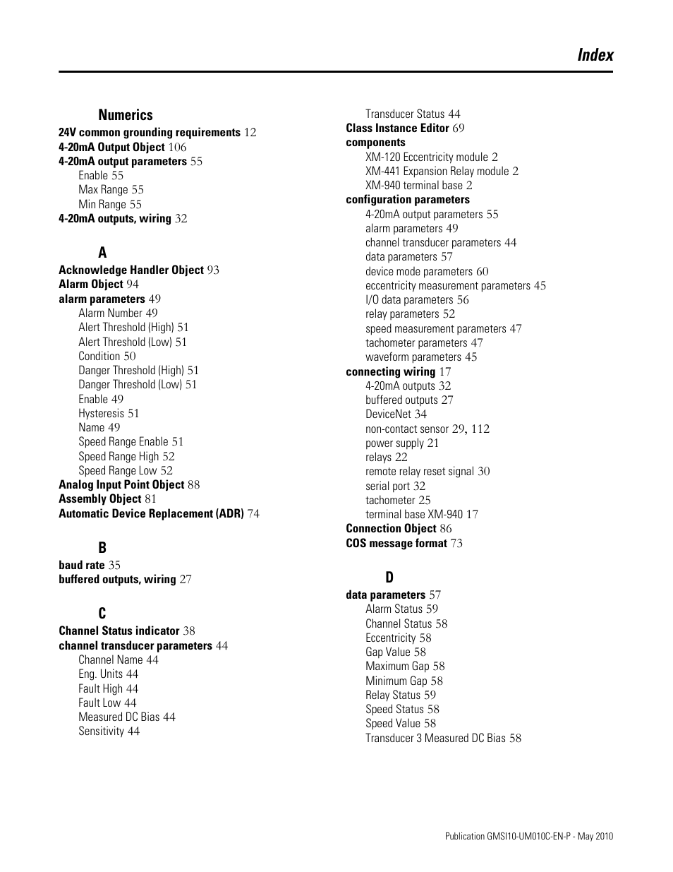 Index | Rockwell Automation 1440-VST02-01RA XM-120 Eccentricity Module User Manual | Page 127 / 131