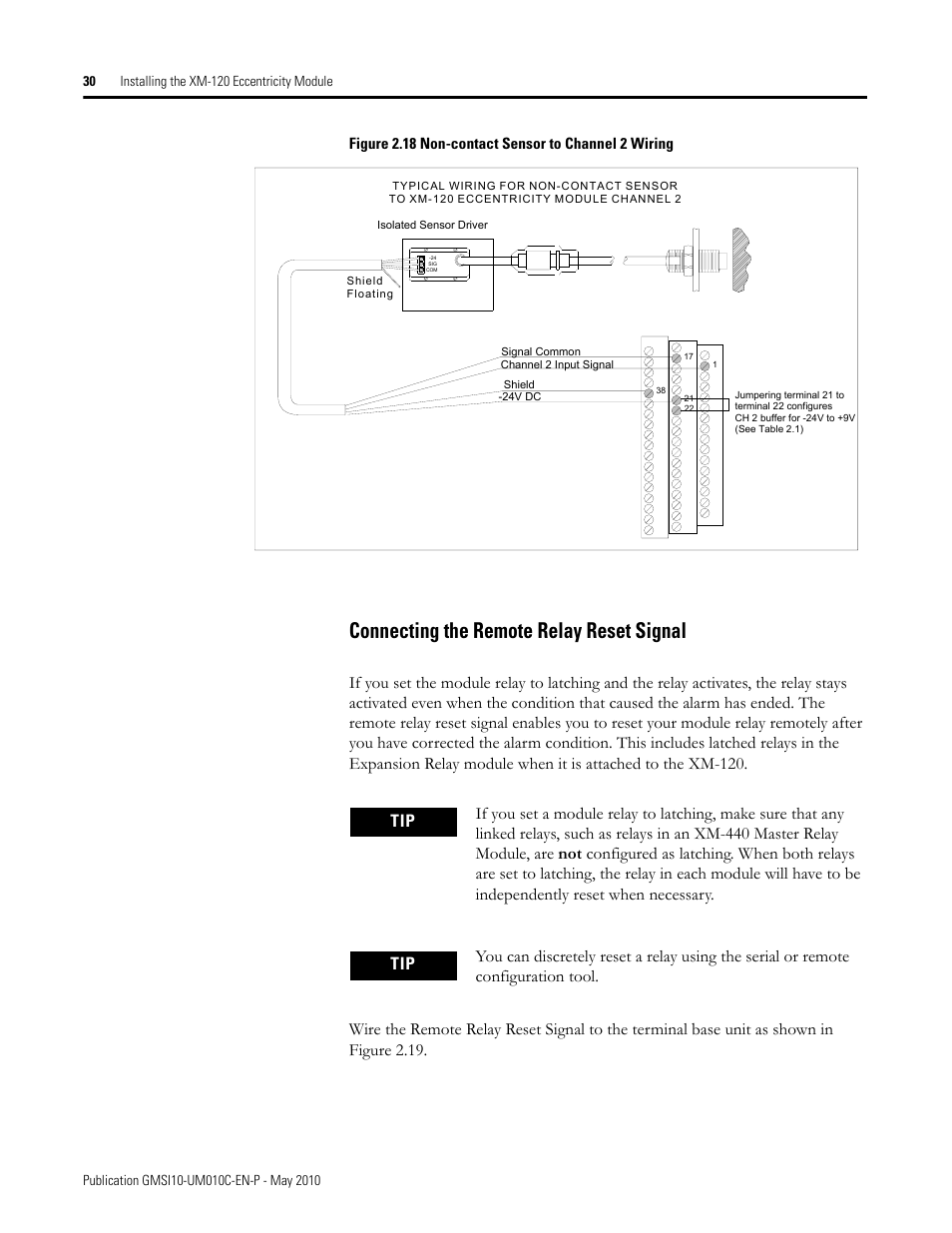 Connecting the remote relay reset signal, Figure 2.18 non-contact sensor to channel 2 wiring | Rockwell Automation 1440-VST02-01RA XM-120 Eccentricity Module User Manual | Page 38 / 131