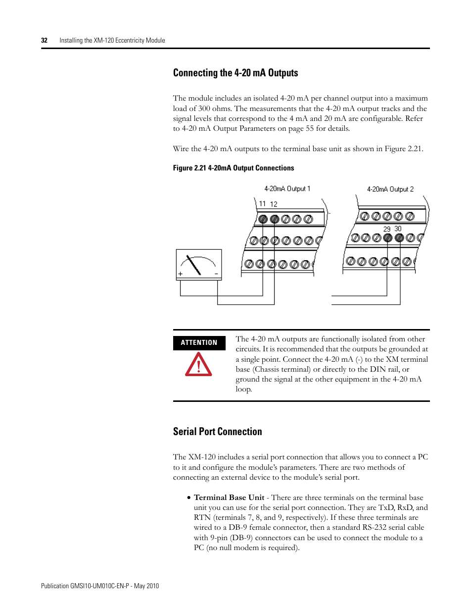 Connecting the 4-20 ma outputs, Serial port connection | Rockwell Automation 1440-VST02-01RA XM-120 Eccentricity Module User Manual | Page 40 / 131