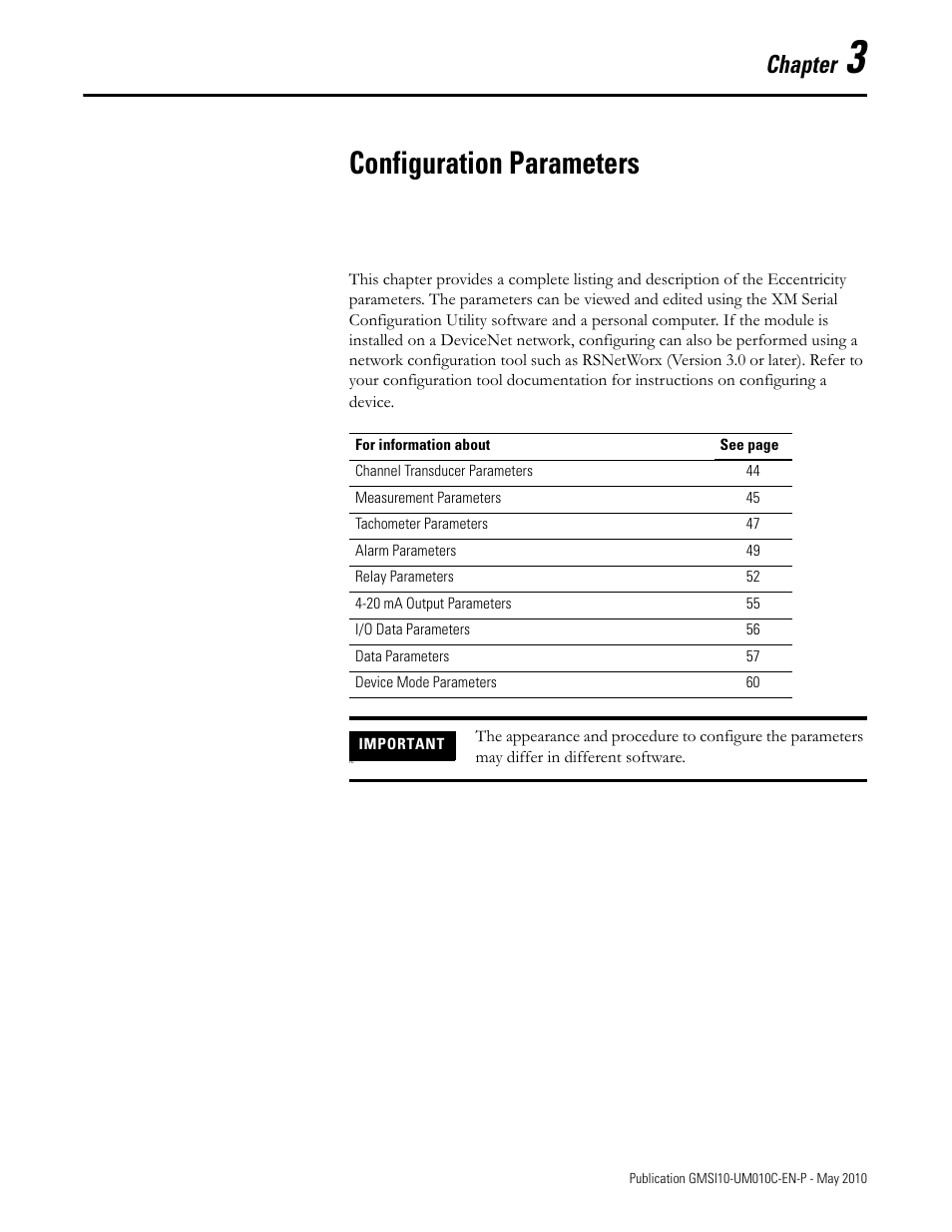 Configuration parameters, Chapter 3, Chapter | Rockwell Automation 1440-VST02-01RA XM-120 Eccentricity Module User Manual | Page 51 / 131