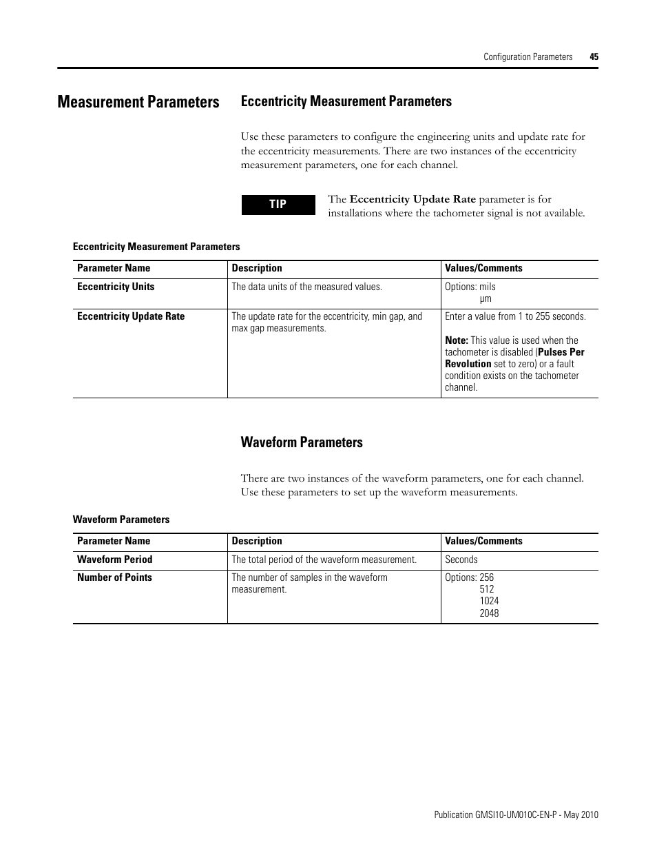 Measurement parameters, Eccentricity measurement parameters, Waveform parameters | Rockwell Automation 1440-VST02-01RA XM-120 Eccentricity Module User Manual | Page 53 / 131