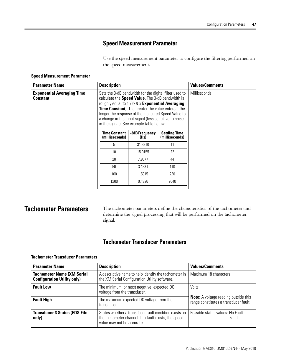 Speed measurement parameter, Tachometer parameters, Tachometer transducer parameters | Rockwell Automation 1440-VST02-01RA XM-120 Eccentricity Module User Manual | Page 55 / 131