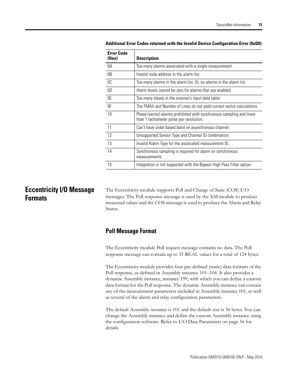 Eccentricity i/o message formats, Poll message format | Rockwell Automation 1440-VST02-01RA XM-120 Eccentricity Module User Manual | Page 79 / 131