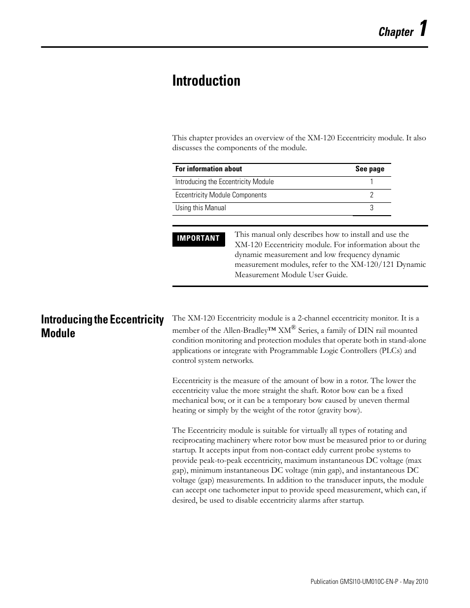 Introduction, Introducing the eccentricity module, Chapter 1 | Chapter | Rockwell Automation 1440-VST02-01RA XM-120 Eccentricity Module User Manual | Page 9 / 131