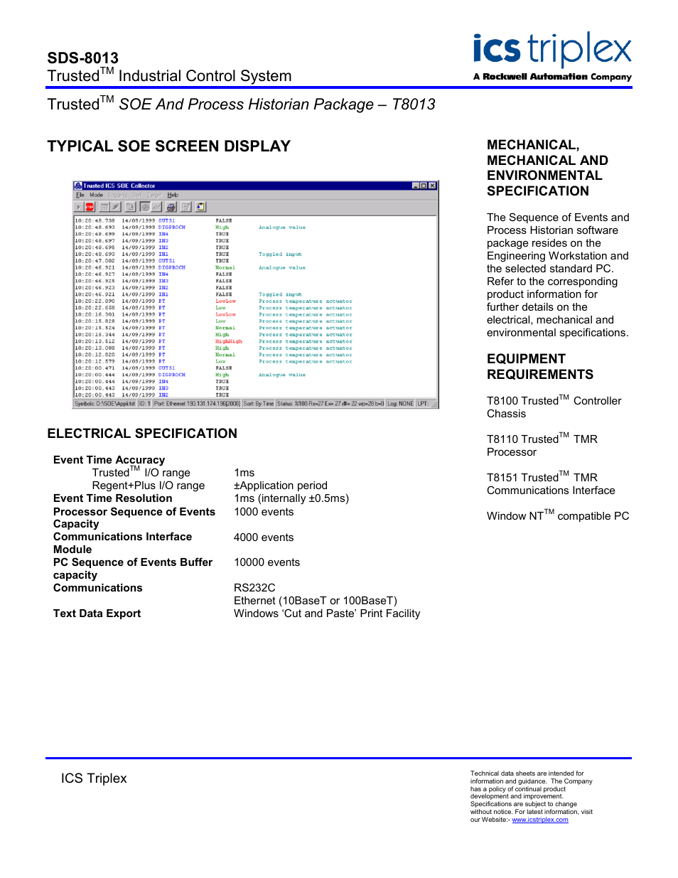 Typical soe screen display, Electrical specification, Sds-8013 trusted | Industrial control system trusted, Soe and process historian package – t8013 | Rockwell Automation T8013 Trusted SOE and Process Historian Package User Manual | Page 2 / 2