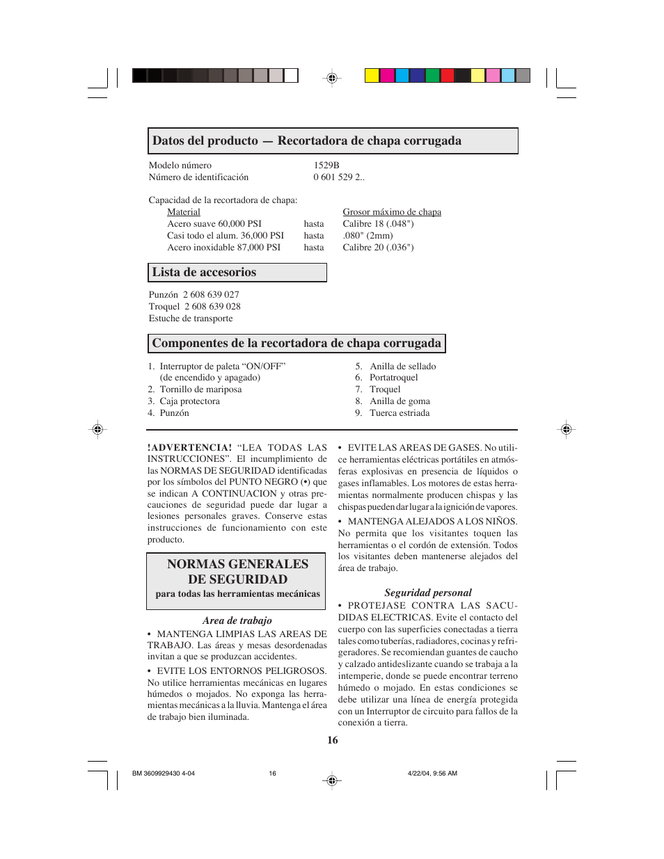 Normas generales de seguridad, Lista de accesorios, Componentes de la recortadora de chapa corrugada | Bosch 1529B User Manual | Page 16 / 24