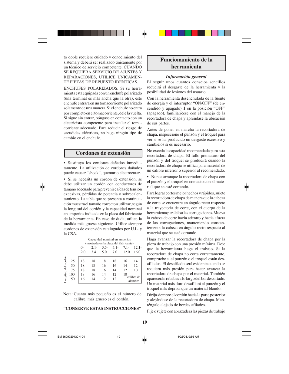 Cordones de extensión, Funcionamiento de la herramienta | Bosch 1529B User Manual | Page 19 / 24