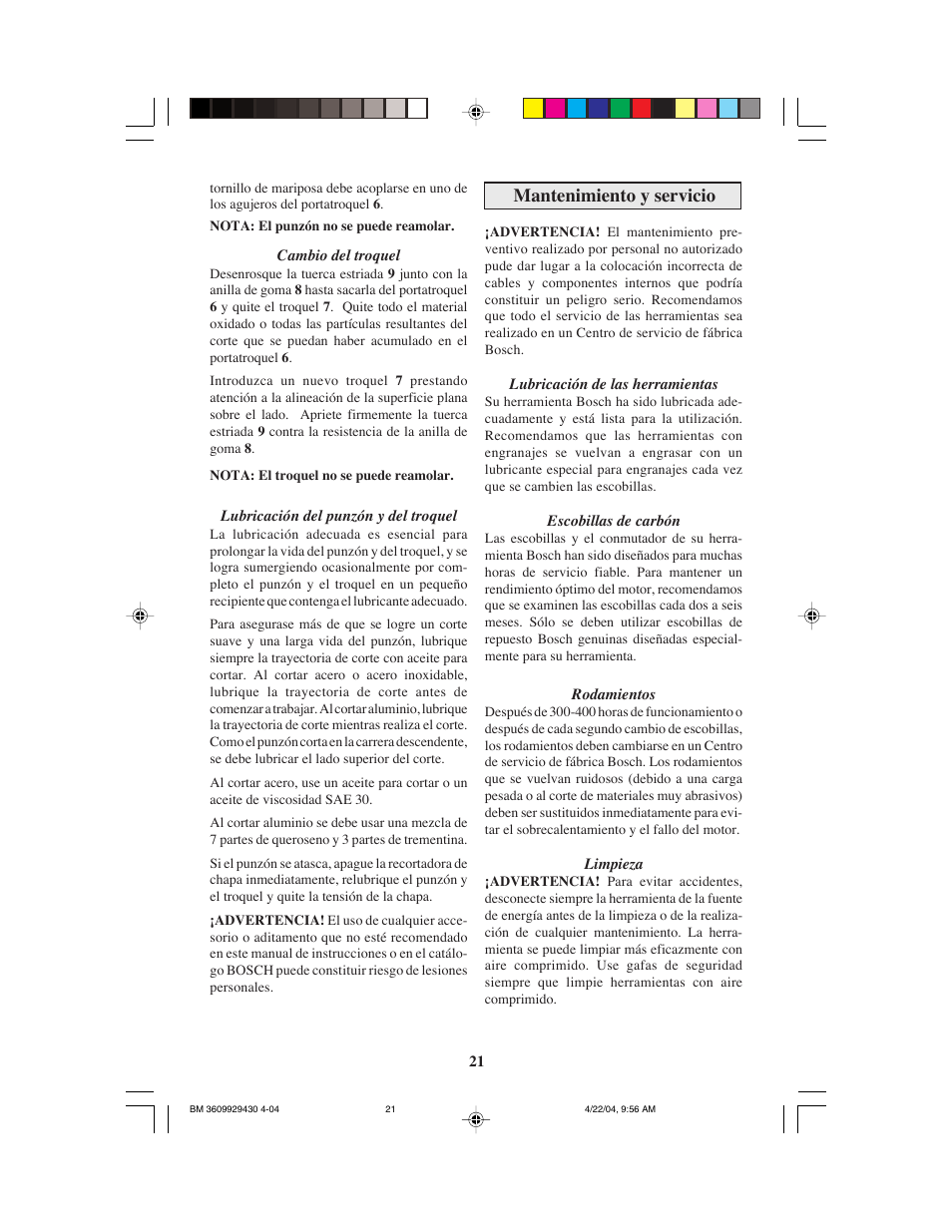 Mantenimiento y servicio | Bosch 1529B User Manual | Page 21 / 24