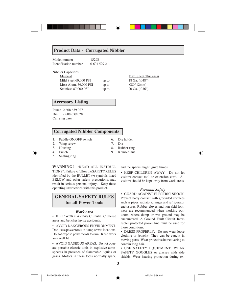 General safety rules for all power tools, Product data - corrugated nibbler, Accessory listing | Corrugated nibbler components | Bosch 1529B User Manual | Page 3 / 24