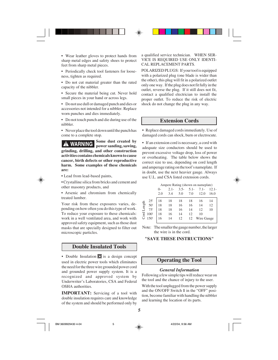 Operating the tool, Double insulated tools, Extension cords | Bosch 1529B User Manual | Page 5 / 24