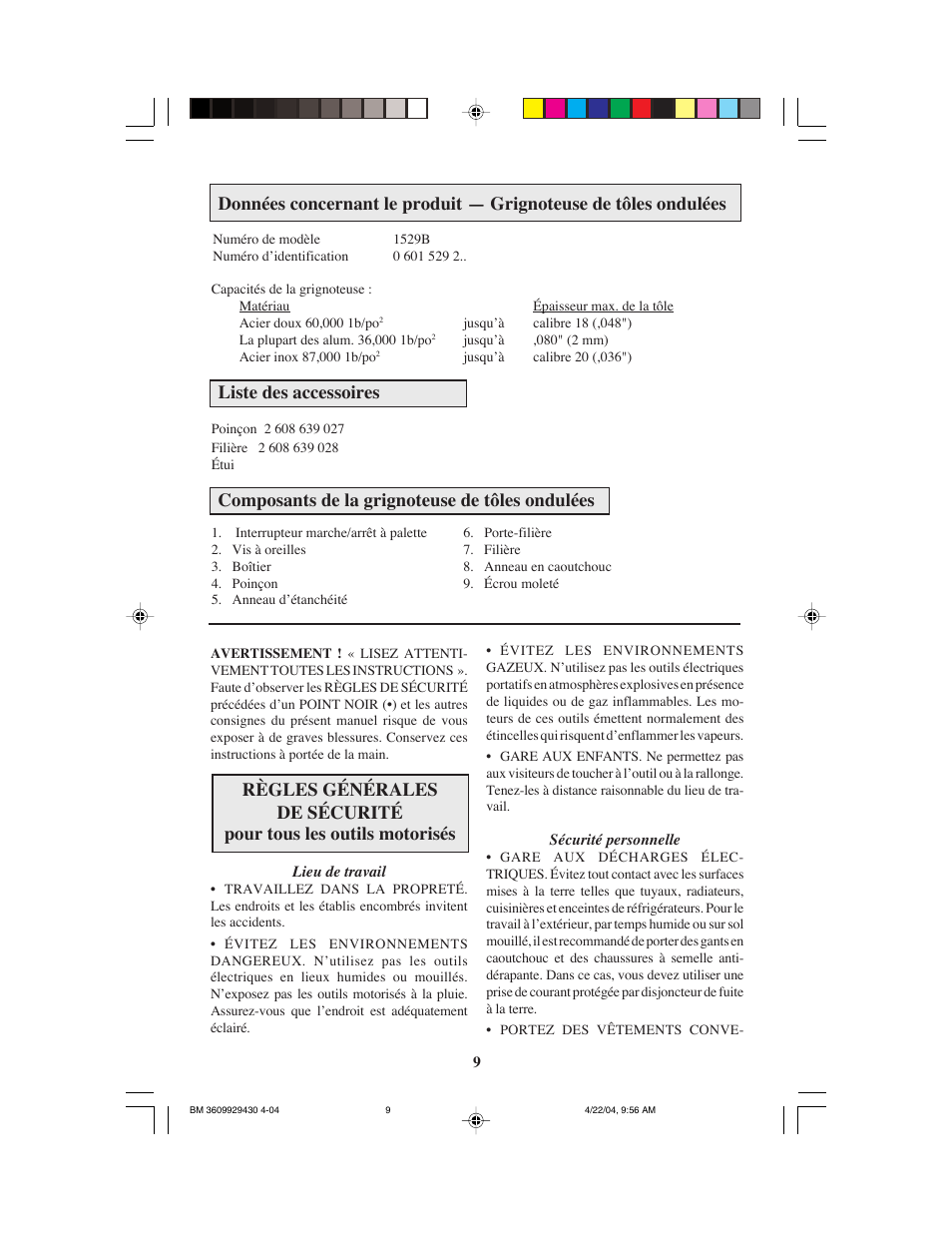 Liste des accessoires | Bosch 1529B User Manual | Page 9 / 24