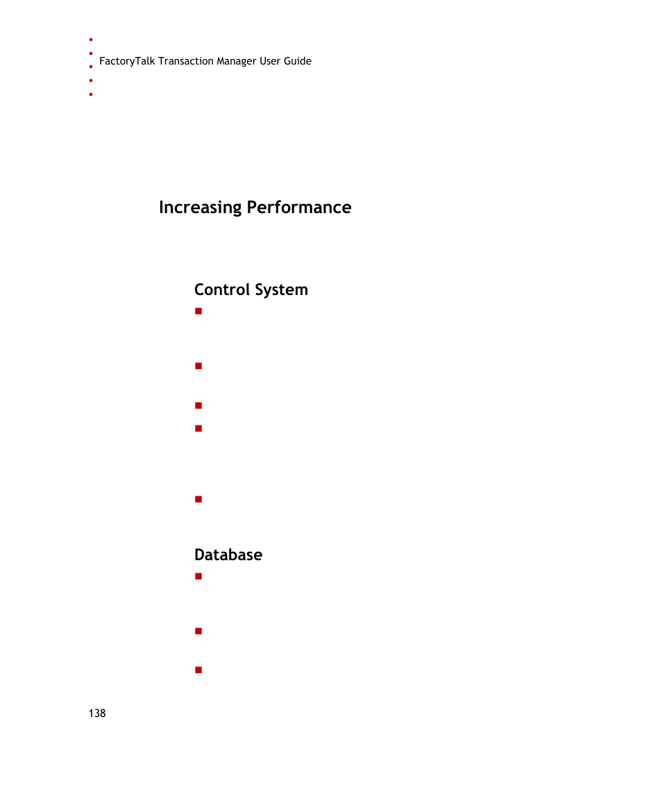 Increasing performance, Control system, Database | Rockwell Automation FactoryTalk Transaction Manager User Guide User Manual | Page 138 / 186
