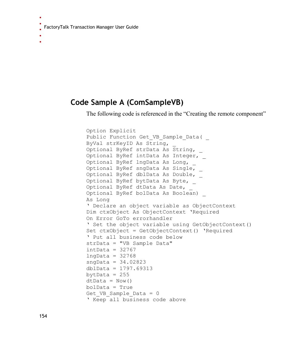 Code sample a (comsamplevb) | Rockwell Automation FactoryTalk Transaction Manager User Guide User Manual | Page 154 / 186