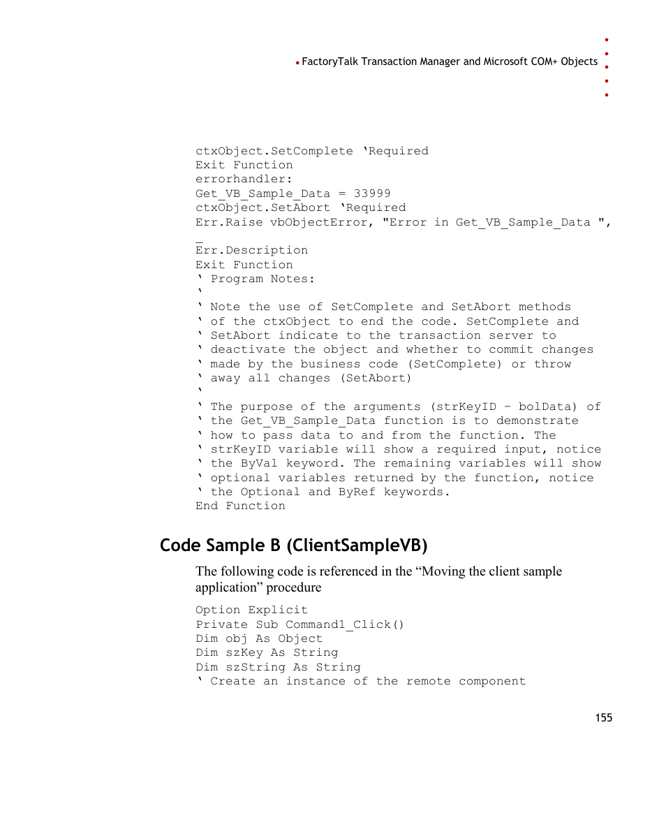 Code sample b (clientsamplevb) | Rockwell Automation FactoryTalk Transaction Manager User Guide User Manual | Page 155 / 186