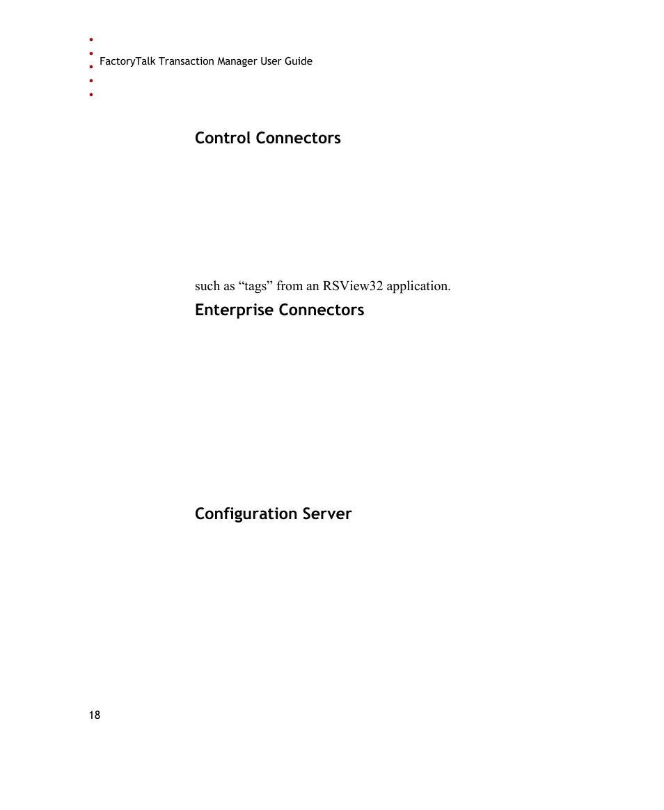 Control connectors, Enterprise connectors, Configuration server | Rockwell Automation FactoryTalk Transaction Manager User Guide User Manual | Page 18 / 186