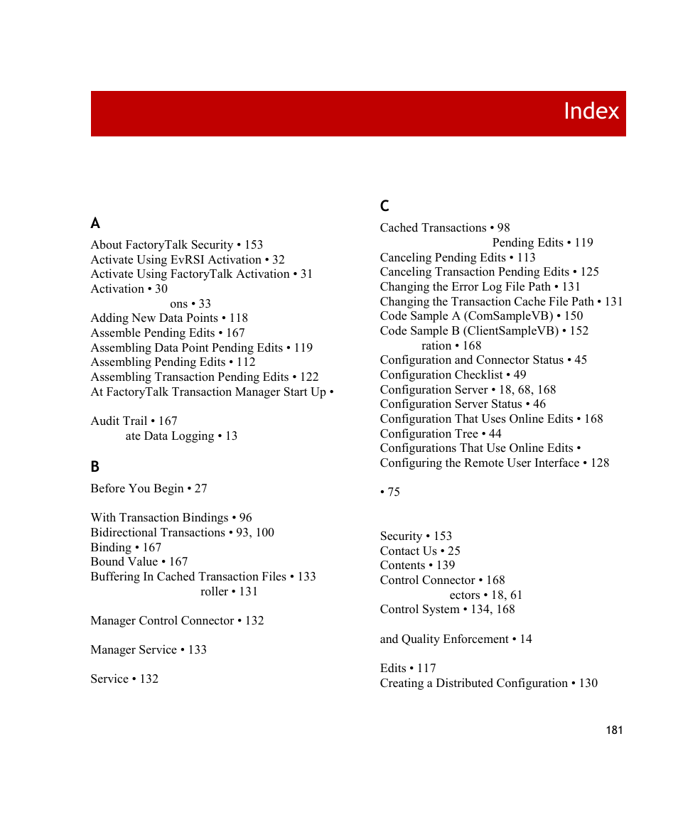 Index | Rockwell Automation FactoryTalk Transaction Manager User Guide User Manual | Page 181 / 186