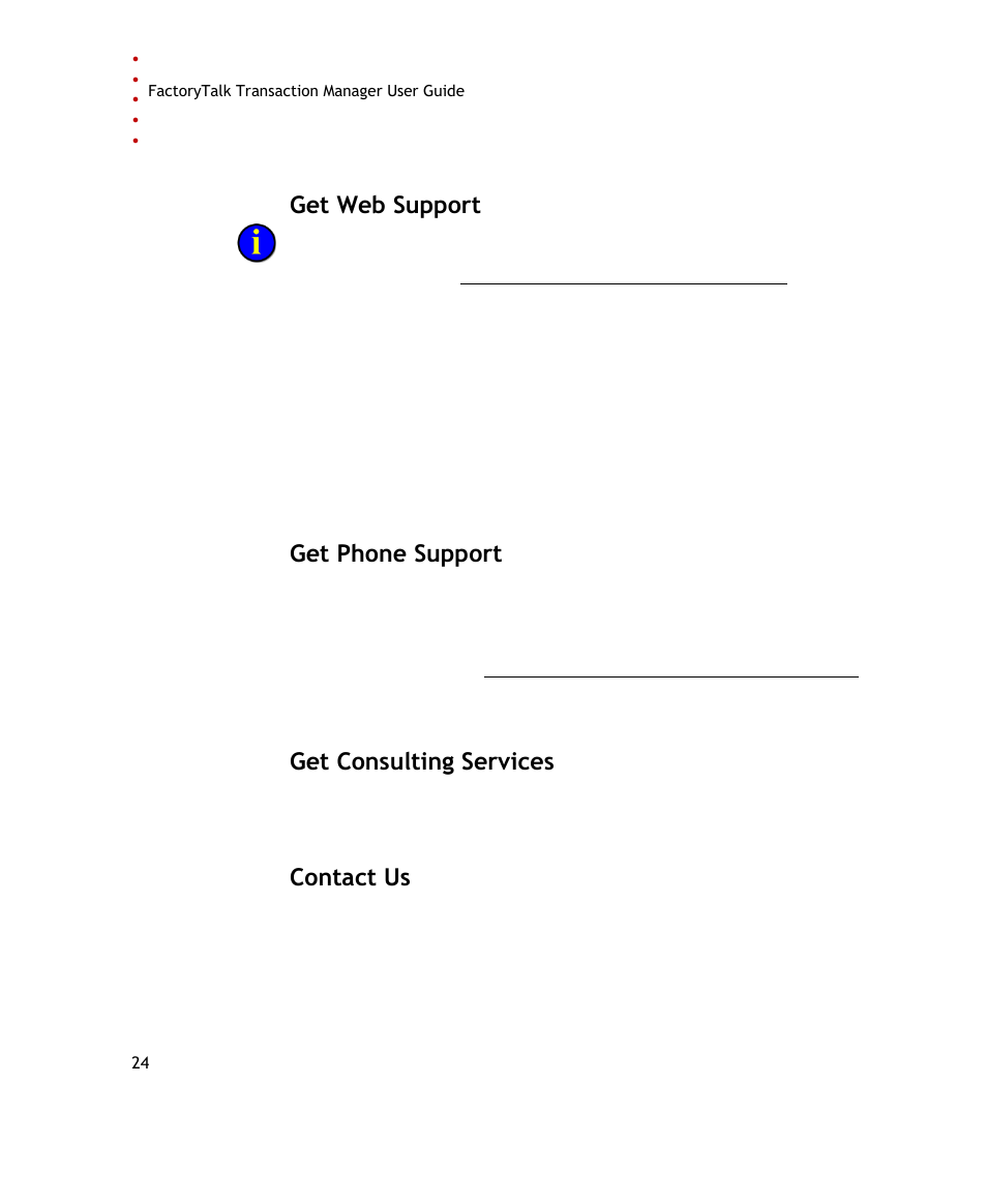 Get web support, Get phone support, Get consulting services | Contact us | Rockwell Automation FactoryTalk Transaction Manager User Guide User Manual | Page 24 / 186