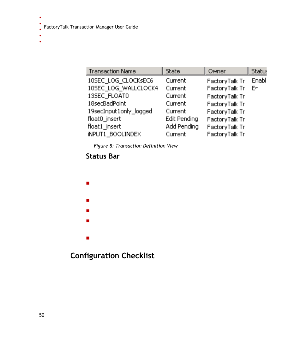 Status bar, Configuration checklist | Rockwell Automation FactoryTalk Transaction Manager User Guide User Manual | Page 50 / 186