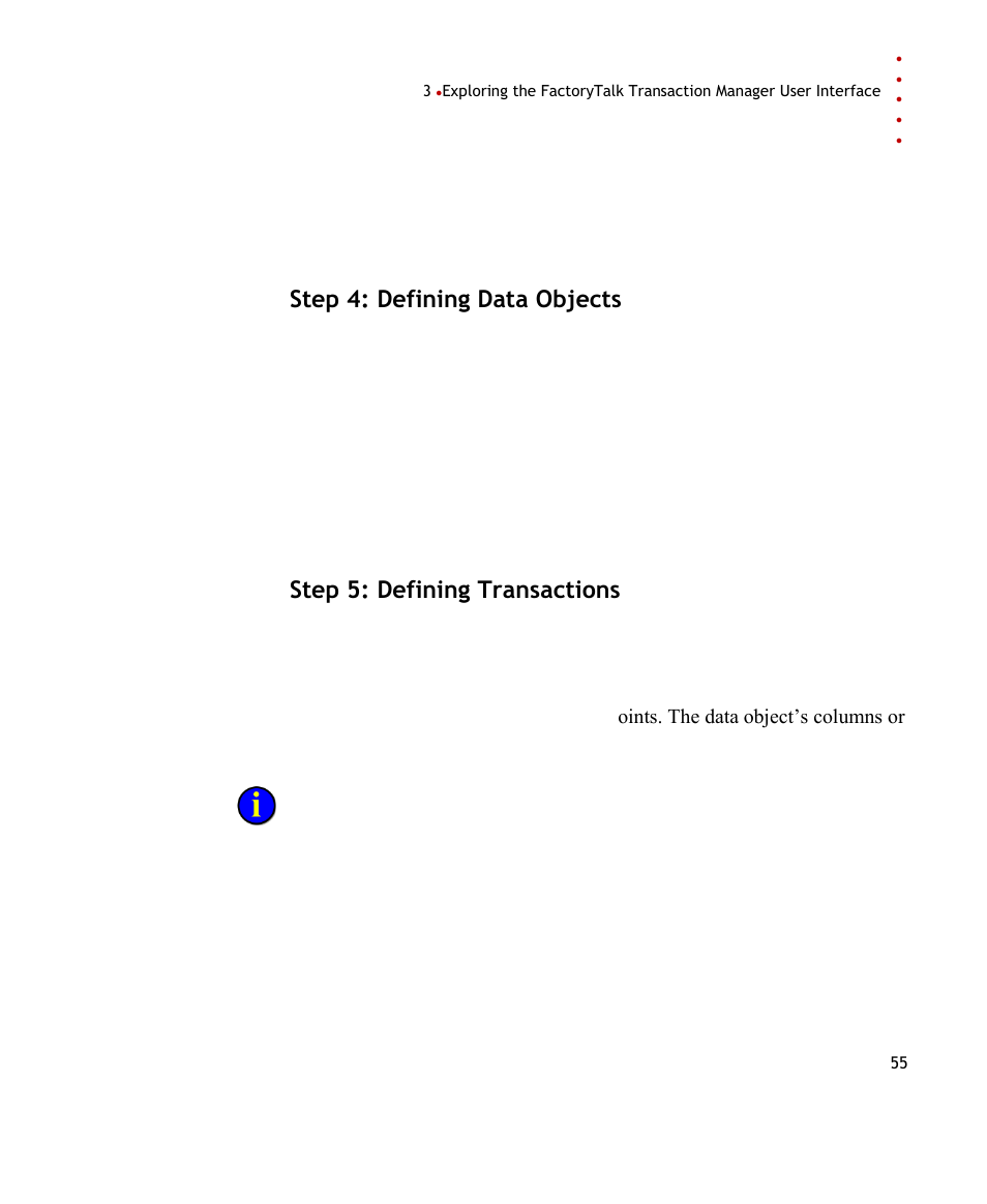 Step 4: defining data objects, Step 5: defining transactions | Rockwell Automation FactoryTalk Transaction Manager User Guide User Manual | Page 55 / 186