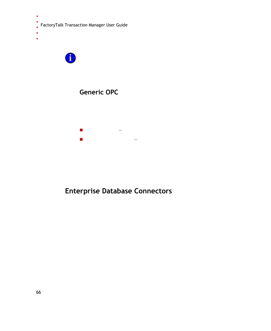 Generic opc, Enterprise database connectors | Rockwell Automation FactoryTalk Transaction Manager User Guide User Manual | Page 66 / 186