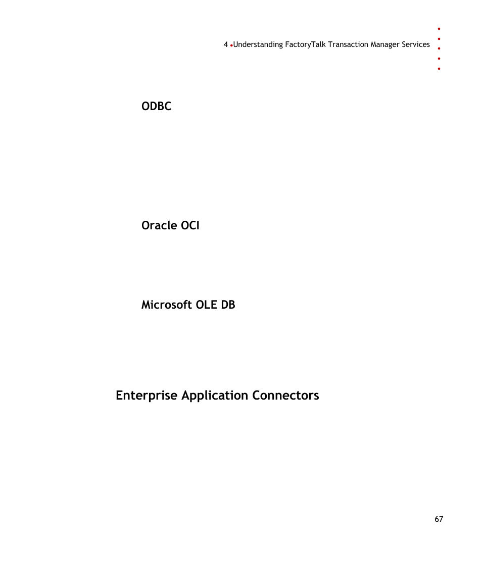 Odbc, Oracle oci, Microsoft ole db | Enterprise application connectors | Rockwell Automation FactoryTalk Transaction Manager User Guide User Manual | Page 67 / 186