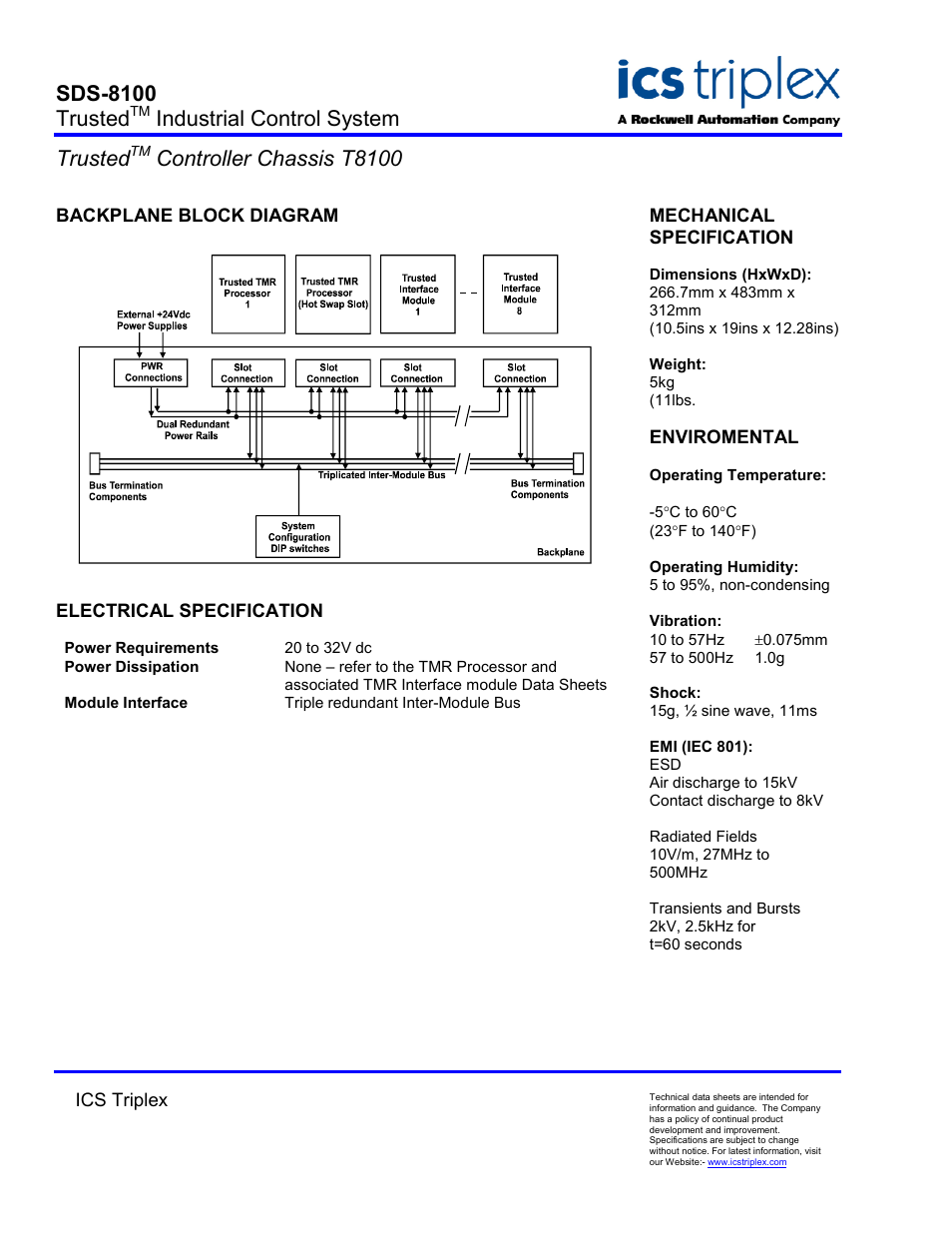 Backplane block diagram, Electrical specification, Sds-8100 trusted | Industrial control system trusted, Controller chassis t8100 | Rockwell Automation T8100 Trusted Controller Chassis User Manual | Page 2 / 2