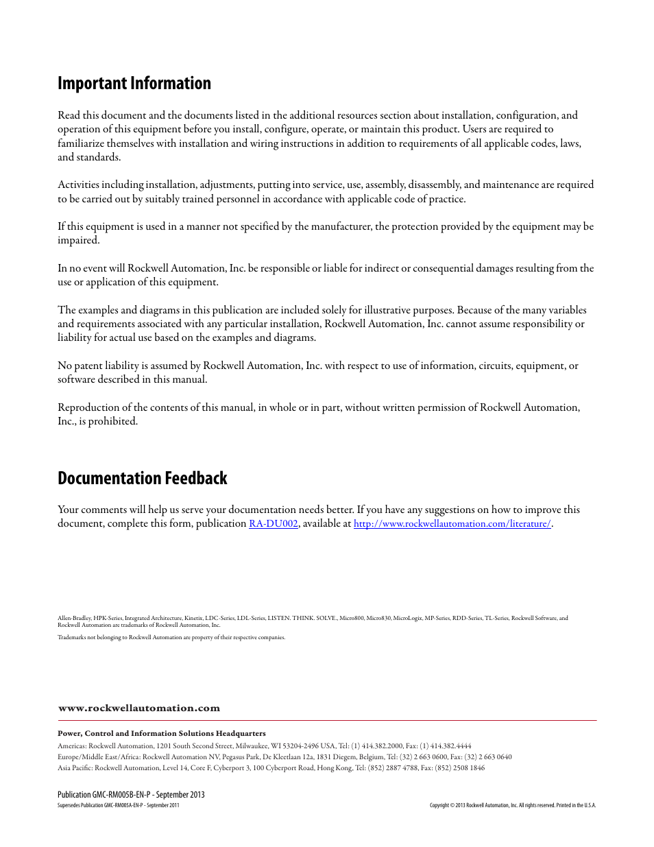Back cover, Important information, Documentation feedback | Rockwell Automation 2071-APx Kinetix 3 Drive Systems Design Guide User Manual | Page 42 / 42