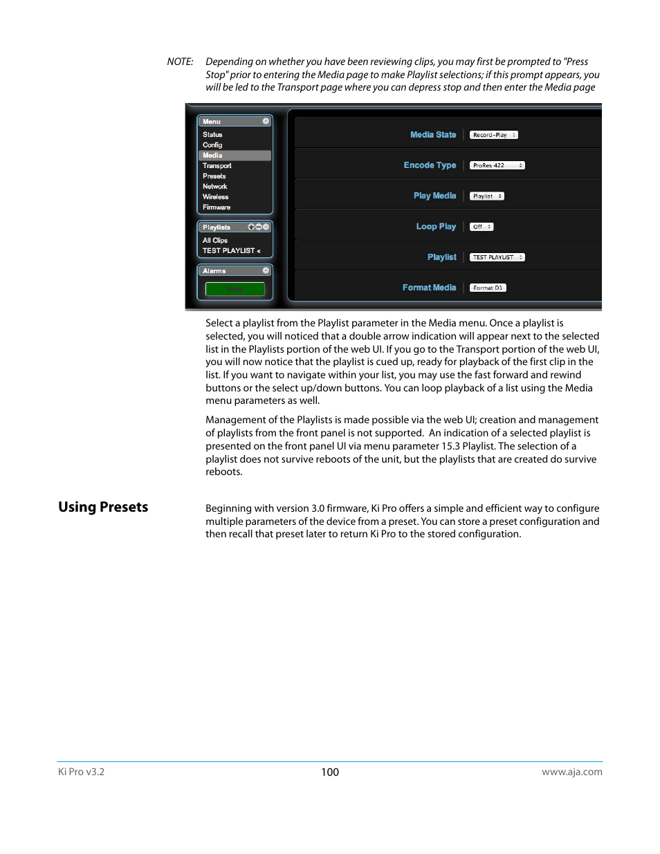 Using presets | AJA Ki Pro User Manual | Page 100 / 110
