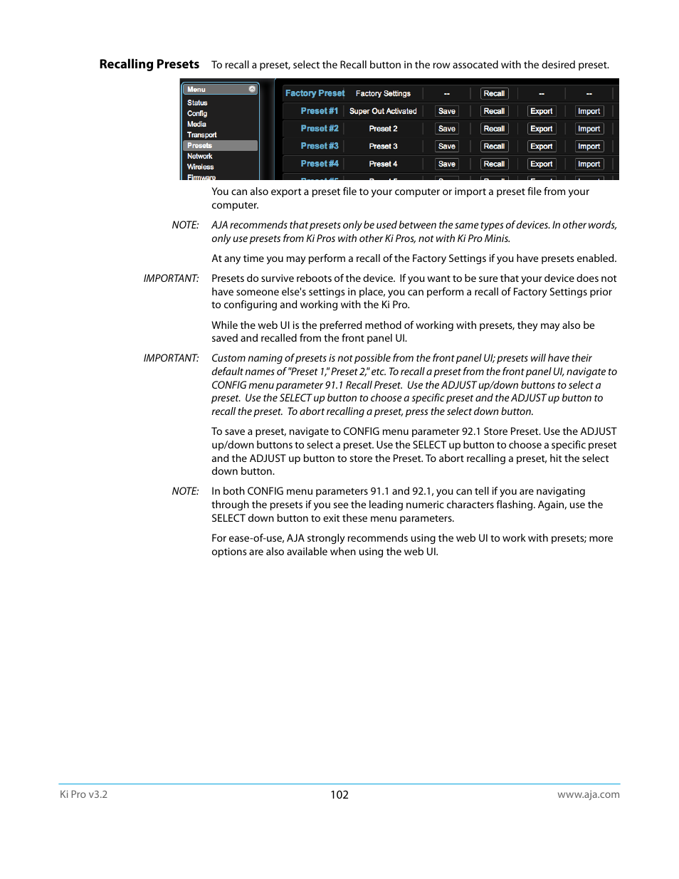 Recalling presets | AJA Ki Pro User Manual | Page 102 / 110