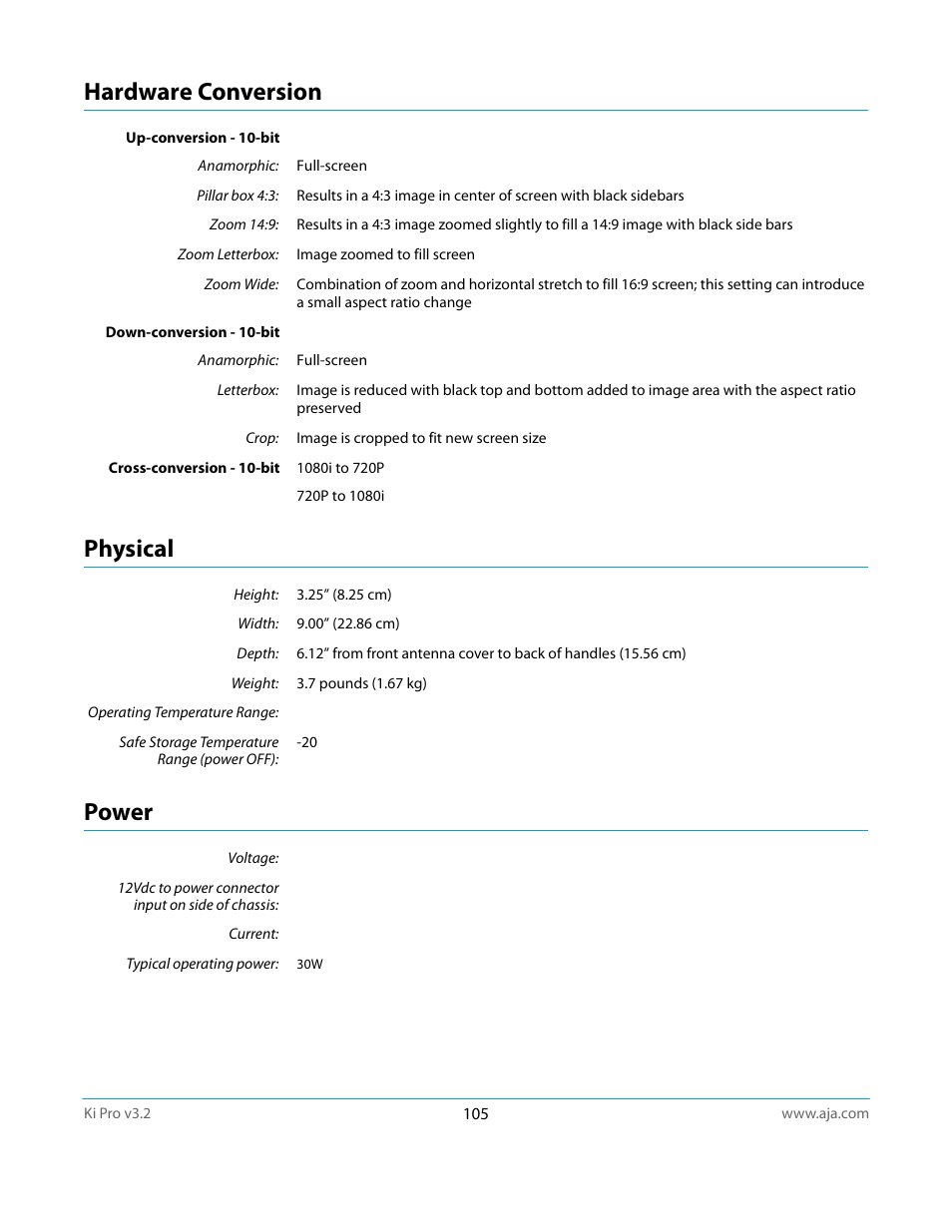 Hardware conversion, Physical, Power | Physical power | AJA Ki Pro User Manual | Page 105 / 110