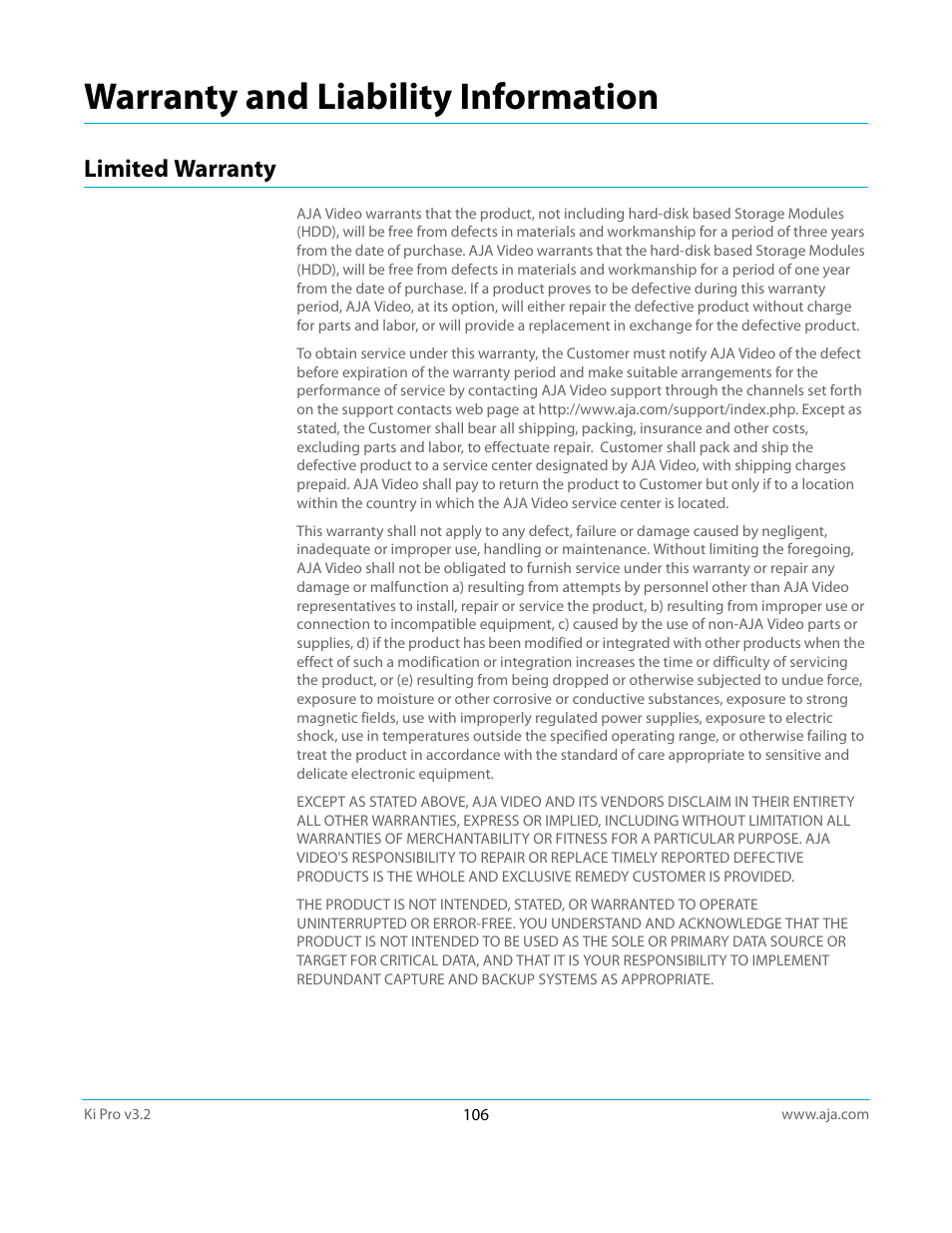 Limited warranty, Warranty and liability information | AJA Ki Pro User Manual | Page 106 / 110