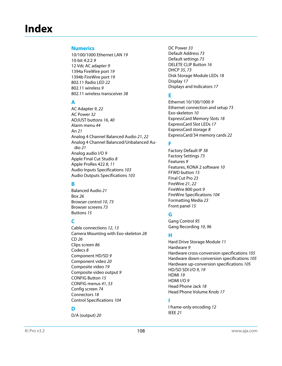 Index | AJA Ki Pro User Manual | Page 108 / 110