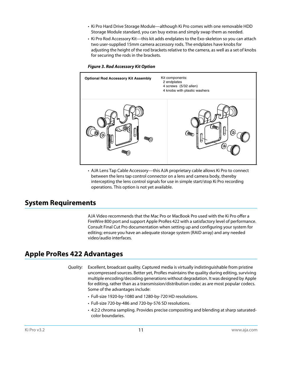 System requirements, Apple prores 422 advantages, System requirements apple prores 422 advantages | AJA Ki Pro User Manual | Page 11 / 110