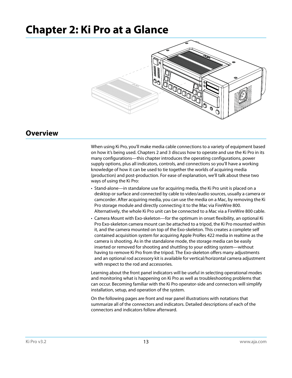 Overview, Chapter 2: ki pro at a glance | AJA Ki Pro User Manual | Page 13 / 110