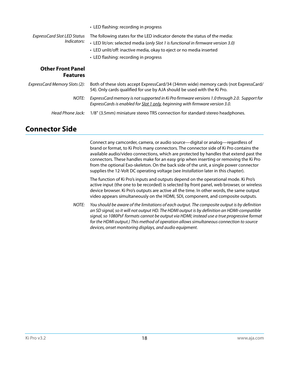 Other front panel features, Connector side | AJA Ki Pro User Manual | Page 18 / 110
