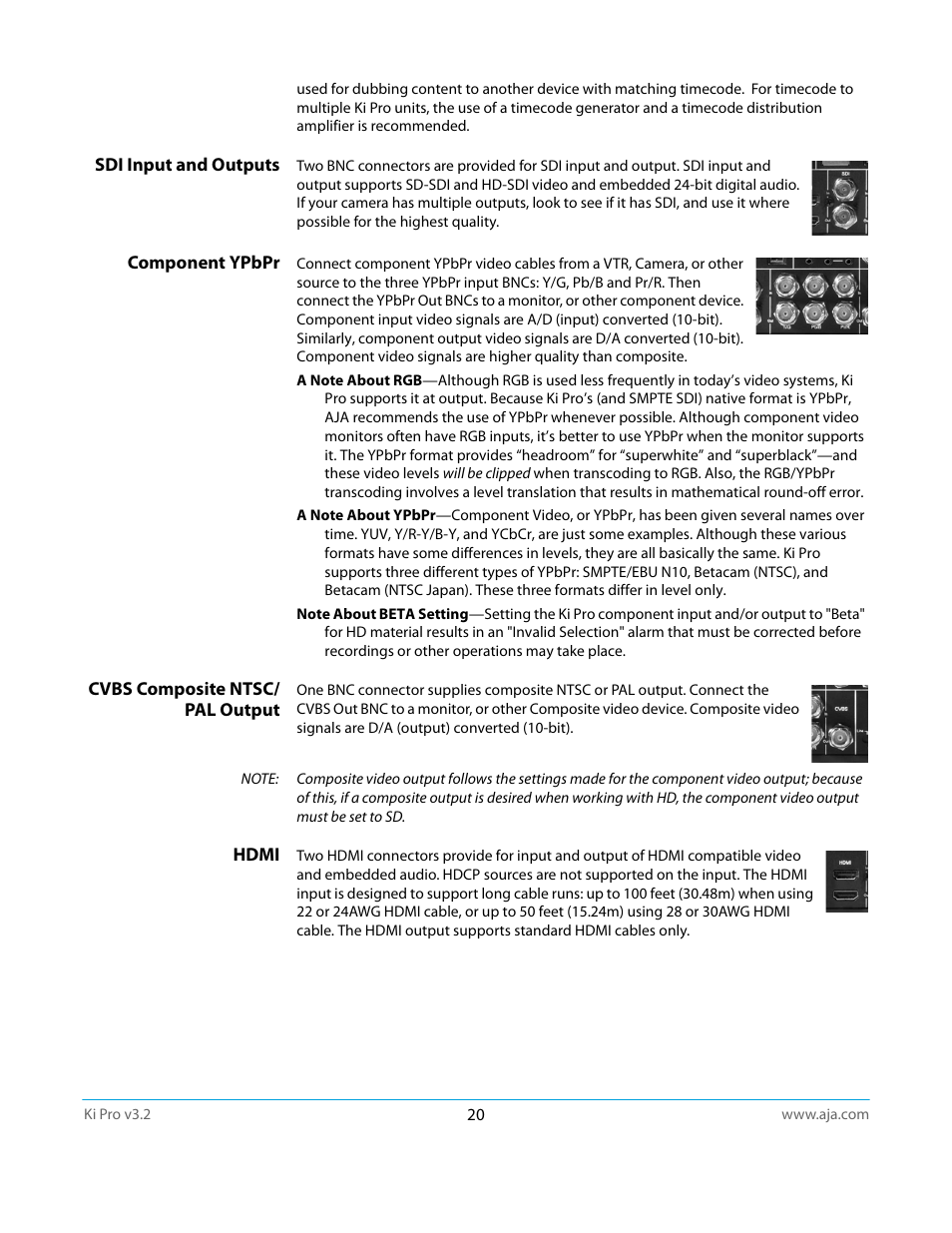 Sdi input and outputs, Component ypbpr, Cvbs composite ntsc/ pal output | Hdmi | AJA Ki Pro User Manual | Page 20 / 110