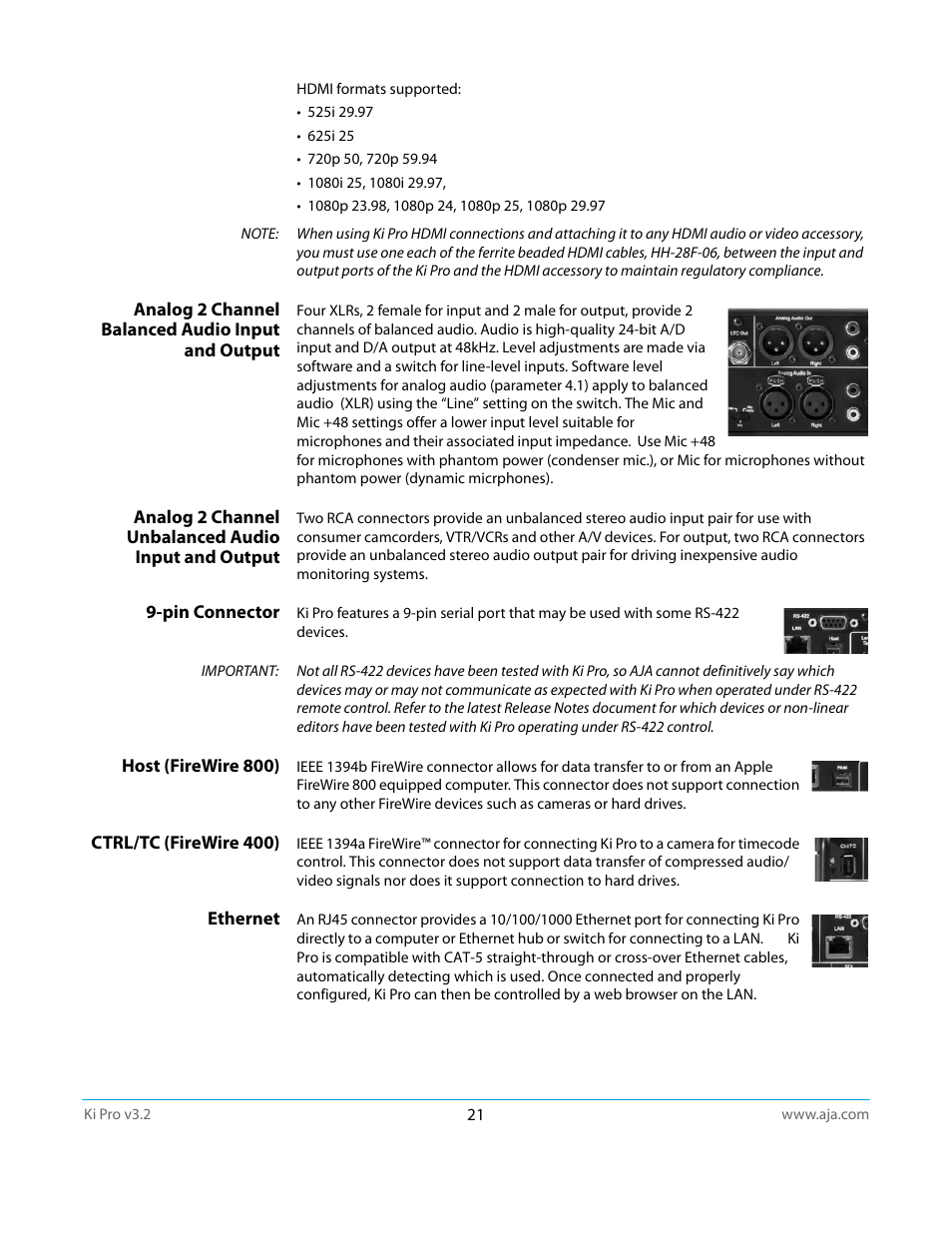 Analog 2 channel balanced audio input and output, Analog 2 channel unbalanced audio input and output, Pin connector | Host (firewire 800), Ctrl/tc (firewire 400), Ethernet | AJA Ki Pro User Manual | Page 21 / 110