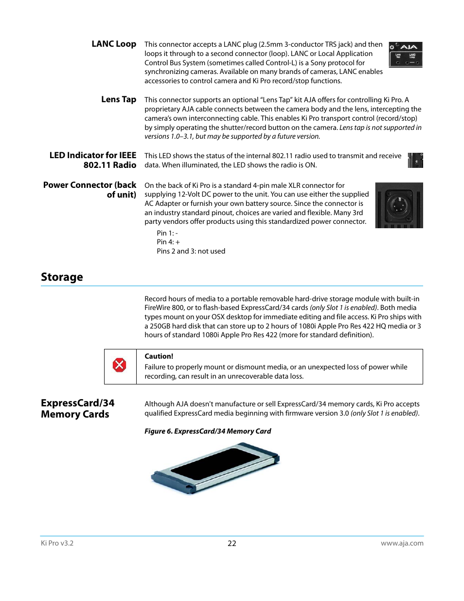 Lanc loop, Lens tap, Led indicator for ieee 802.11 radio | Power connector (back of unit), Storage, Expresscard/34 memory cards | AJA Ki Pro User Manual | Page 22 / 110