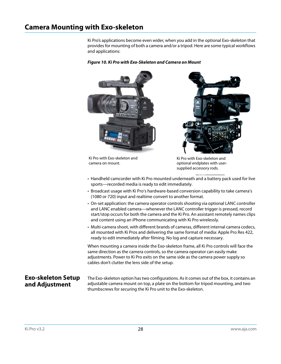 Camera mounting with exo-skeleton, Exo-skeleton setup and adjustment | AJA Ki Pro User Manual | Page 28 / 110