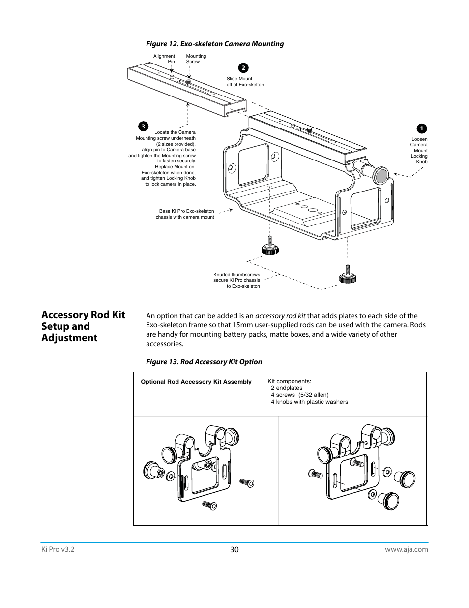 Accessory rod kit setup and adjustment, Figure 12. exo-skeleton camera mounting | AJA Ki Pro User Manual | Page 30 / 110
