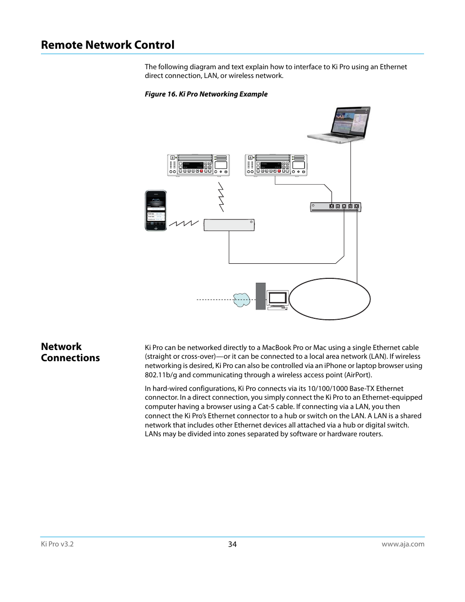 Remote network control, Network connections | AJA Ki Pro User Manual | Page 34 / 110