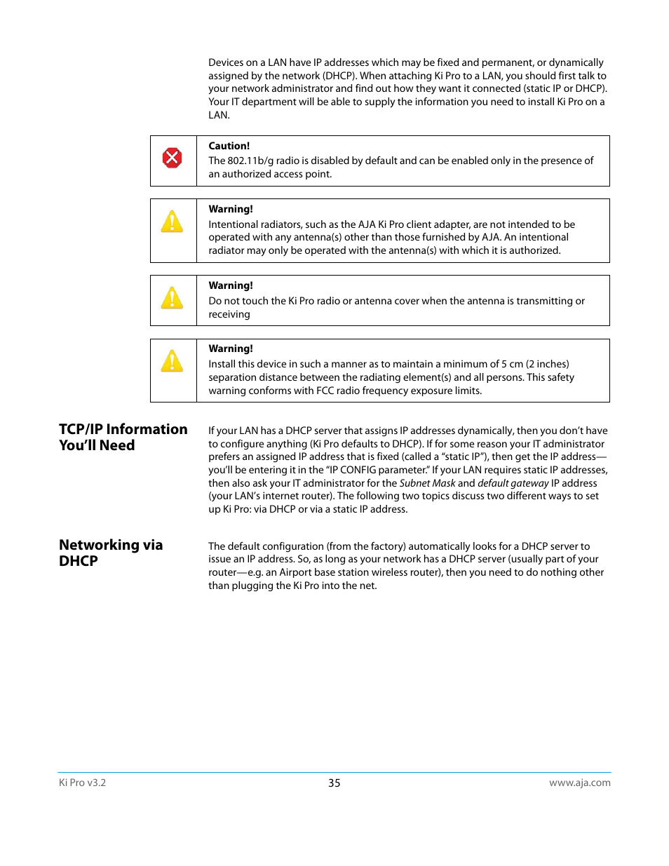 Tcp/ip information you’ll need, Networking via dhcp, Tcp/ip information you’ll need networking via dhcp | AJA Ki Pro User Manual | Page 35 / 110
