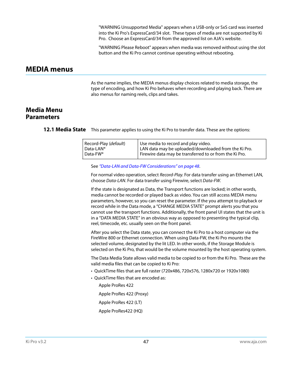 Media menus, Media menu parameters, 1 media state | AJA Ki Pro User Manual | Page 47 / 110