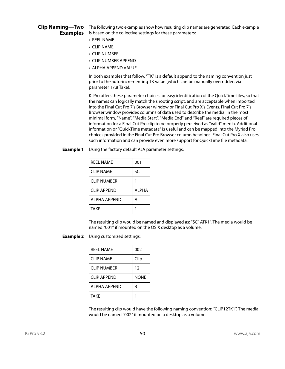 Clip naming—two examples | AJA Ki Pro User Manual | Page 50 / 110