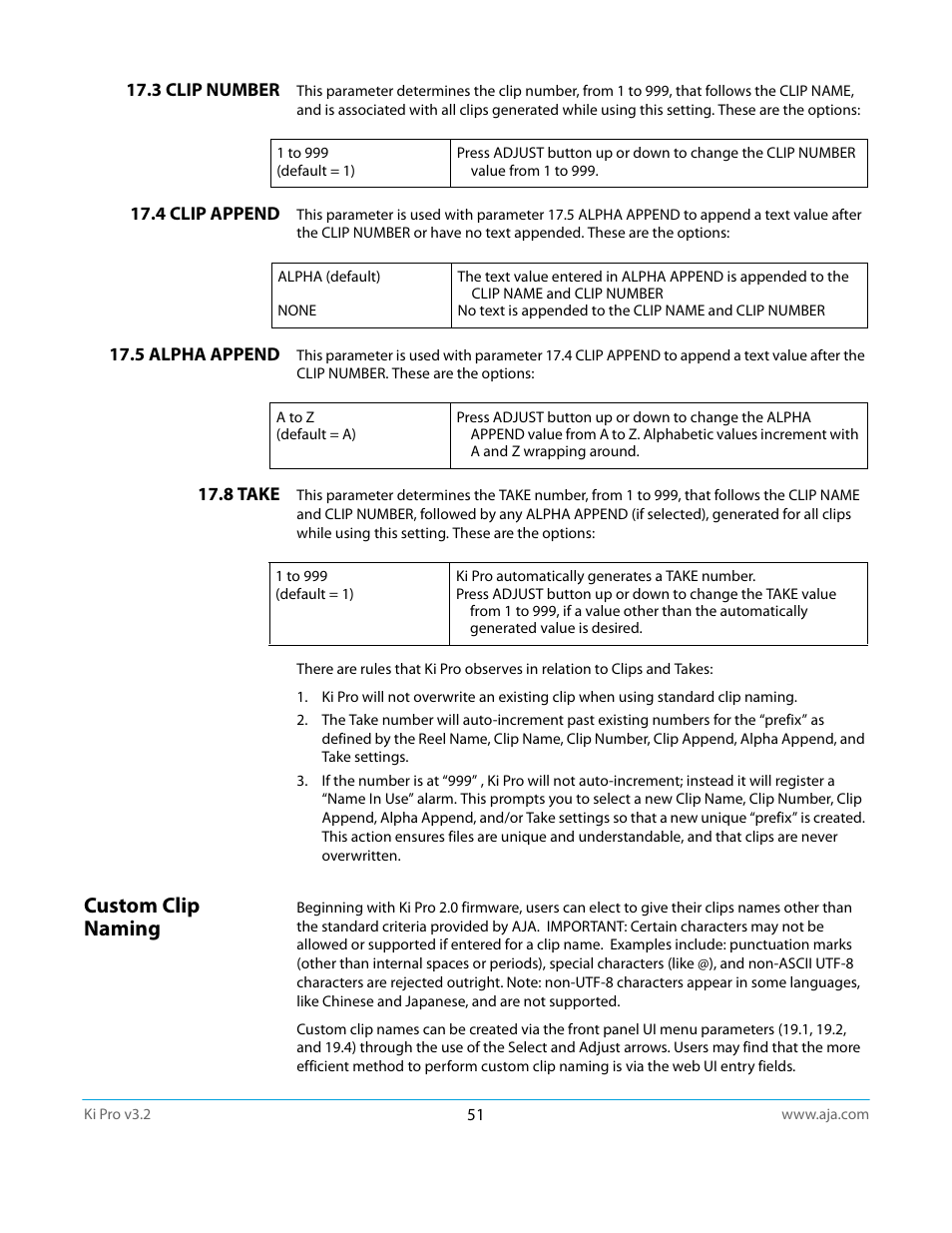 3 clip number, 4 clip append, 5 alpha append | 8 take, Custom clip naming | AJA Ki Pro User Manual | Page 51 / 110