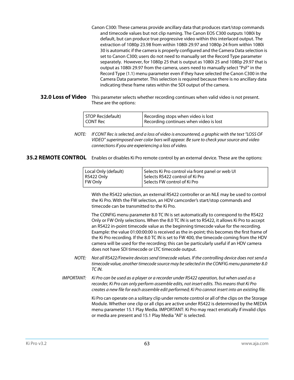 0 loss of video, 2 remote control, 0 loss of video 35.2 remote control | AJA Ki Pro User Manual | Page 63 / 110