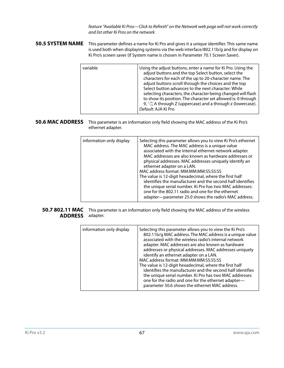 5 system name, 6 mac address, 7 802.11 mac address | AJA Ki Pro User Manual | Page 67 / 110