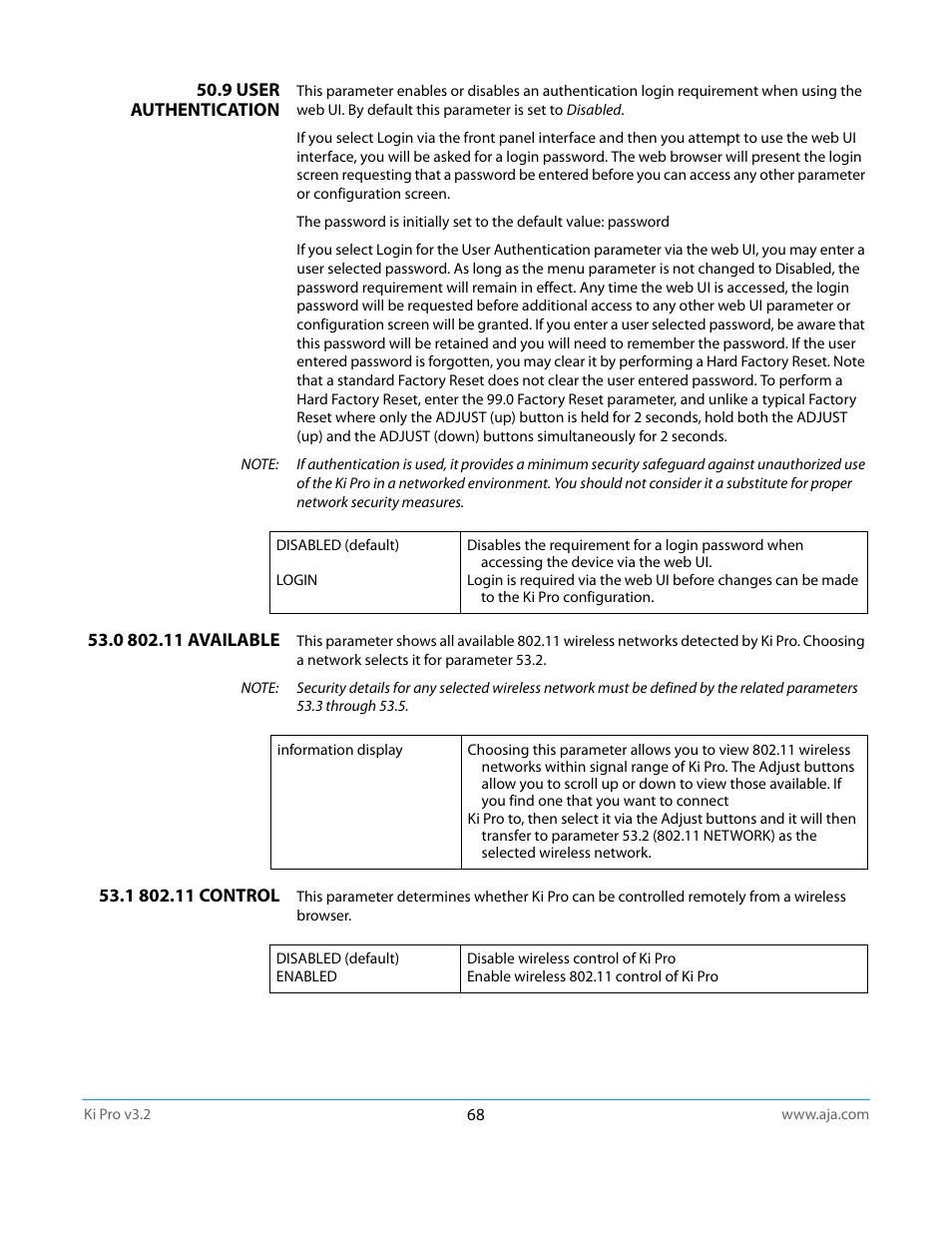 9 user authentication, 0 802.11 available, 1 802.11 control | AJA Ki Pro User Manual | Page 68 / 110