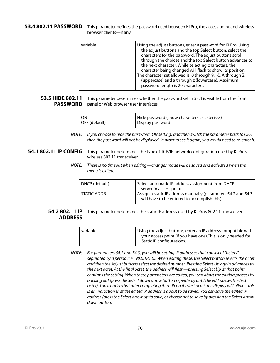 4 802.11 password, 5 hide 802.11 password, 1 802.11 ip config | 2 802.11 ip address | AJA Ki Pro User Manual | Page 70 / 110